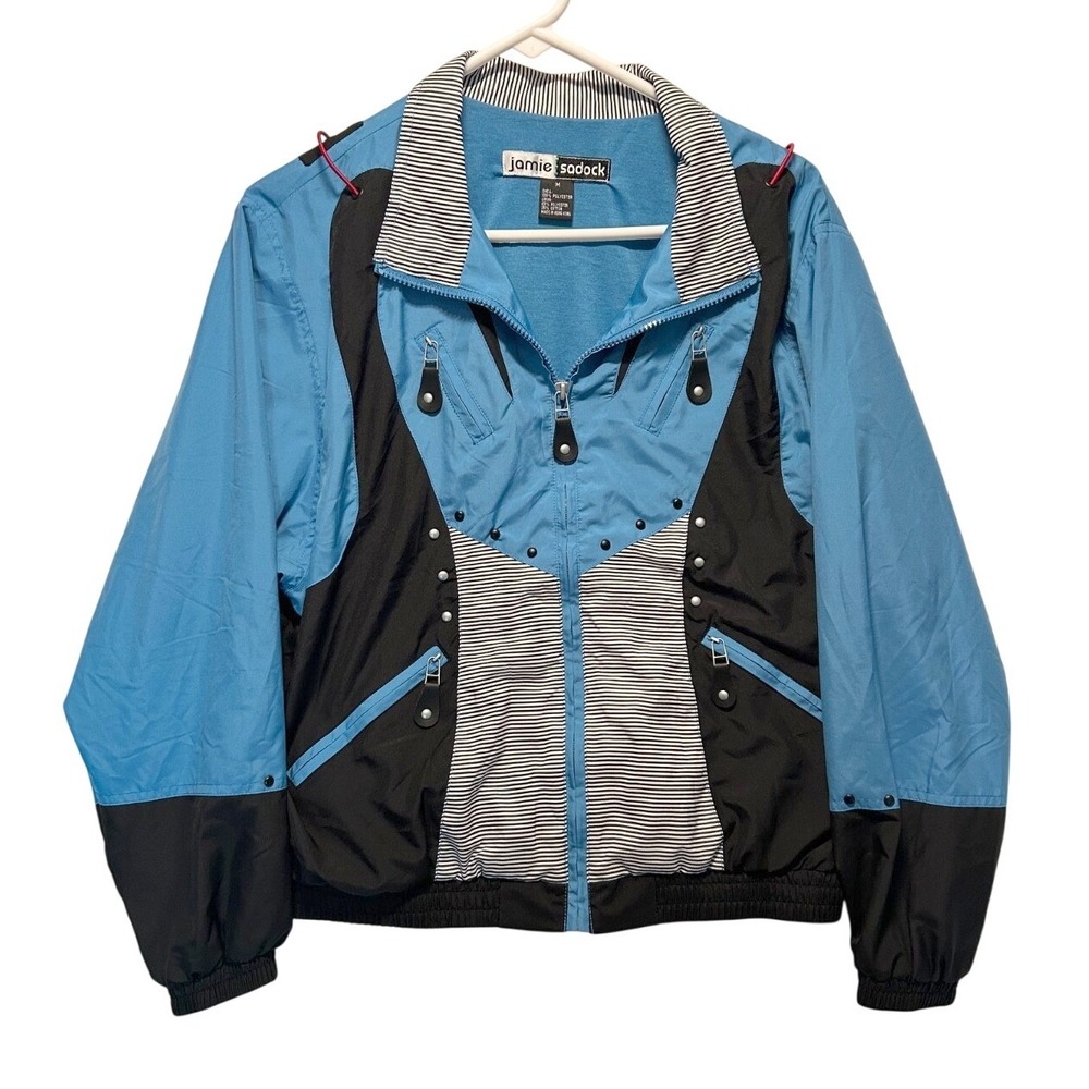 Jamie Sadock‎ Women's Size Medium black white stripe blue studded zip up jacket